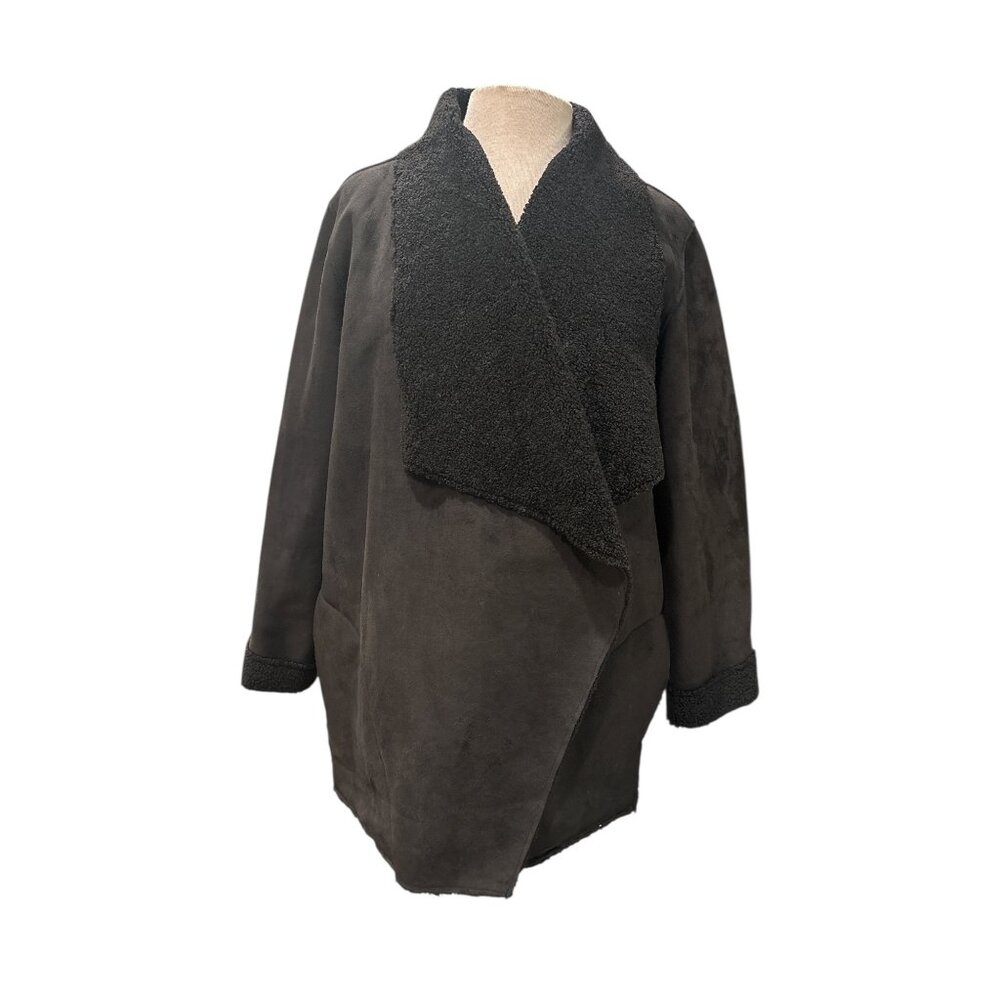 Cortefiel Black Faux Shearling Coat Women’s XL Open Front Cozy Minimalist Jacket - Picture 2 of 11